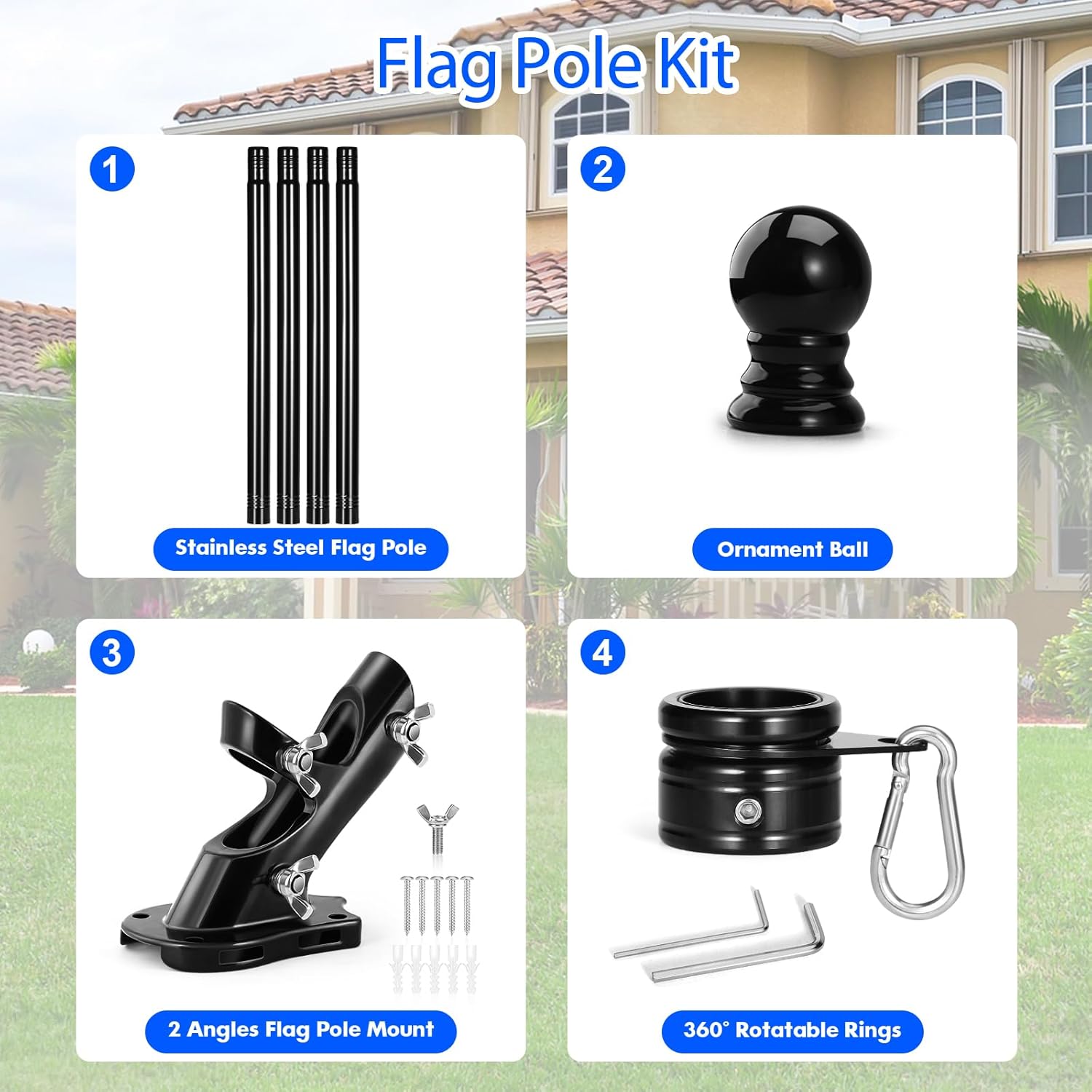 Anovo Flag Pole Kit- Upgraded Holder, Stainless Steel 5 FT Flag Poles with1 Inch Metal 360° Rotating Flag Pole Rings