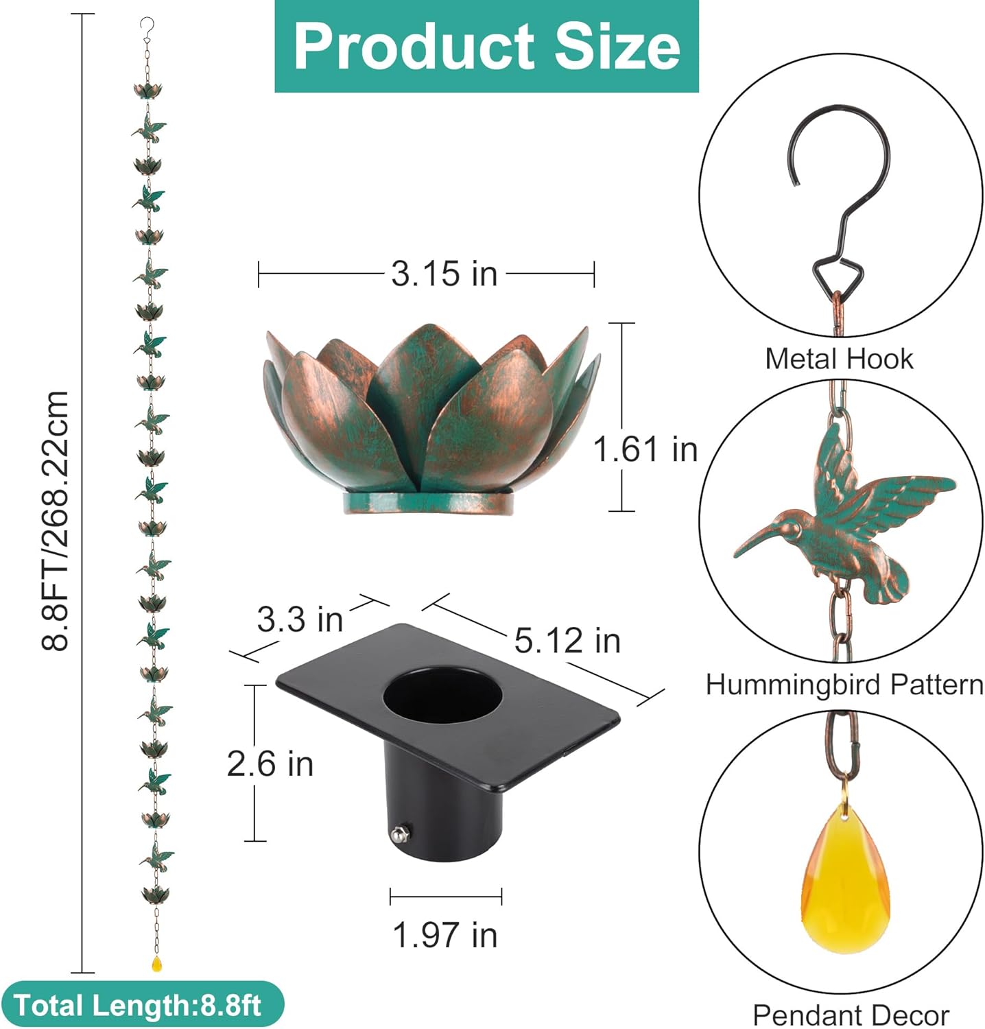 Rain Chain for Gutters Downspouts Outside,8.8ft Hummingbird Rain Chain with 12 Copper Lotus Rain Chain Cups,Functional