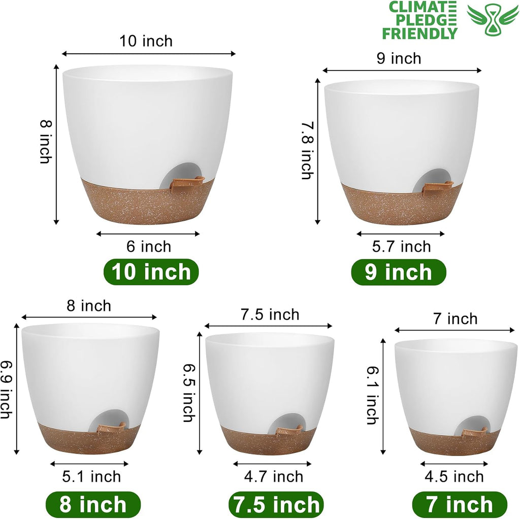 QRRICA Plant Pots 10/9/8/7.5/7 Inch Self Watering Pots, Set of 5 Plastic Planters with Drainage Holes and