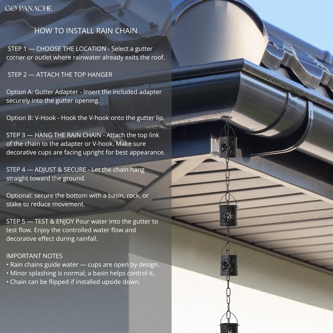 8.5 FT Rain Chain with 12 Aluminum Cups | Durable Rain Chains for Gutters - Easy Install, Rust-Proof Rain Catcher