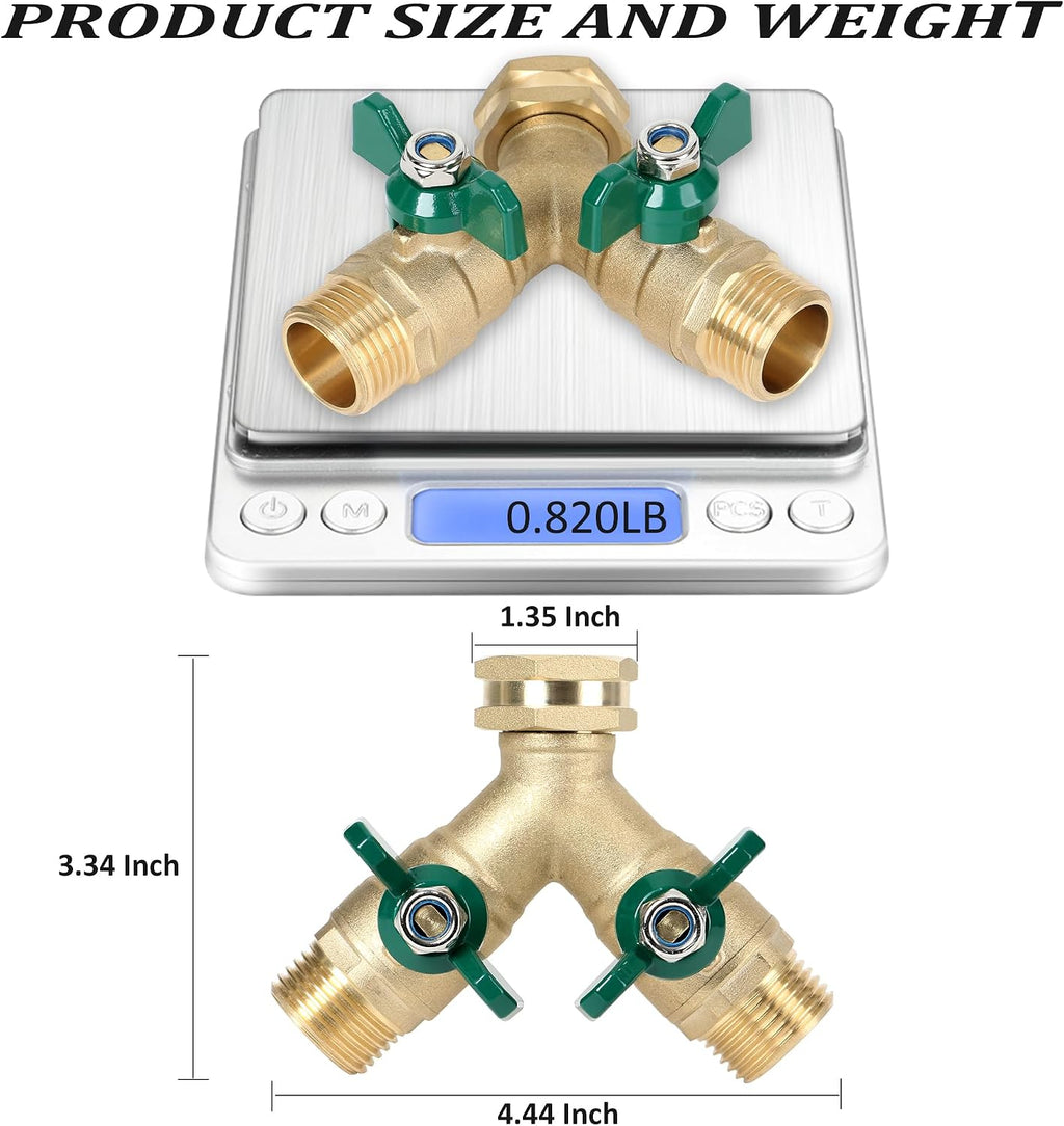 Garden Hose Splitter Full Flow, Brass Heavy Duty Hose Splitter 2-Way High Flow, All Metal Hose Y Splitter with Shutoff