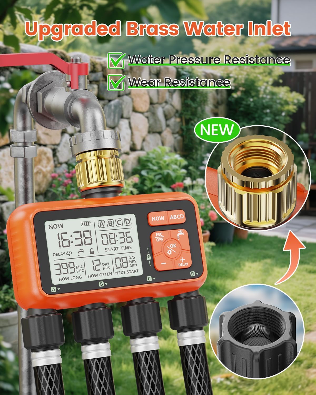 Sprinkler Timer 4 Zone with Brass Inlet Water Timer for Garden | Programmable Faucet Controller with Independent Zone