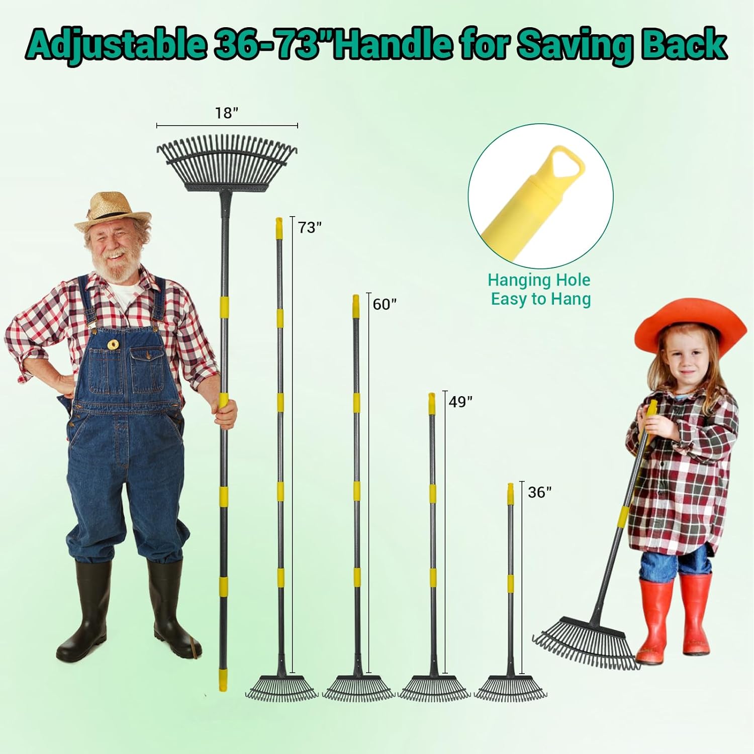 Adjustable Garden Rake for Leaves 36-73" Long Handle, 18" Wide, Heavy Duty with 25 Metal Tines ，Includes 32Gallon Leaf