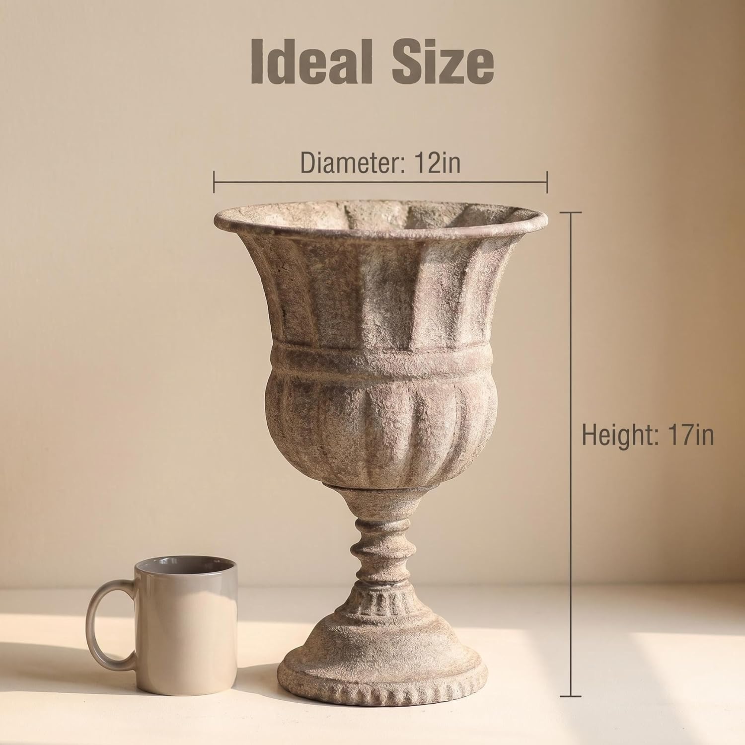 Vintage Urn Planter with Embossed Pattern, Imitation Stone Finish Flower Pot, Distressed Classic Plant Pot for Outdoor