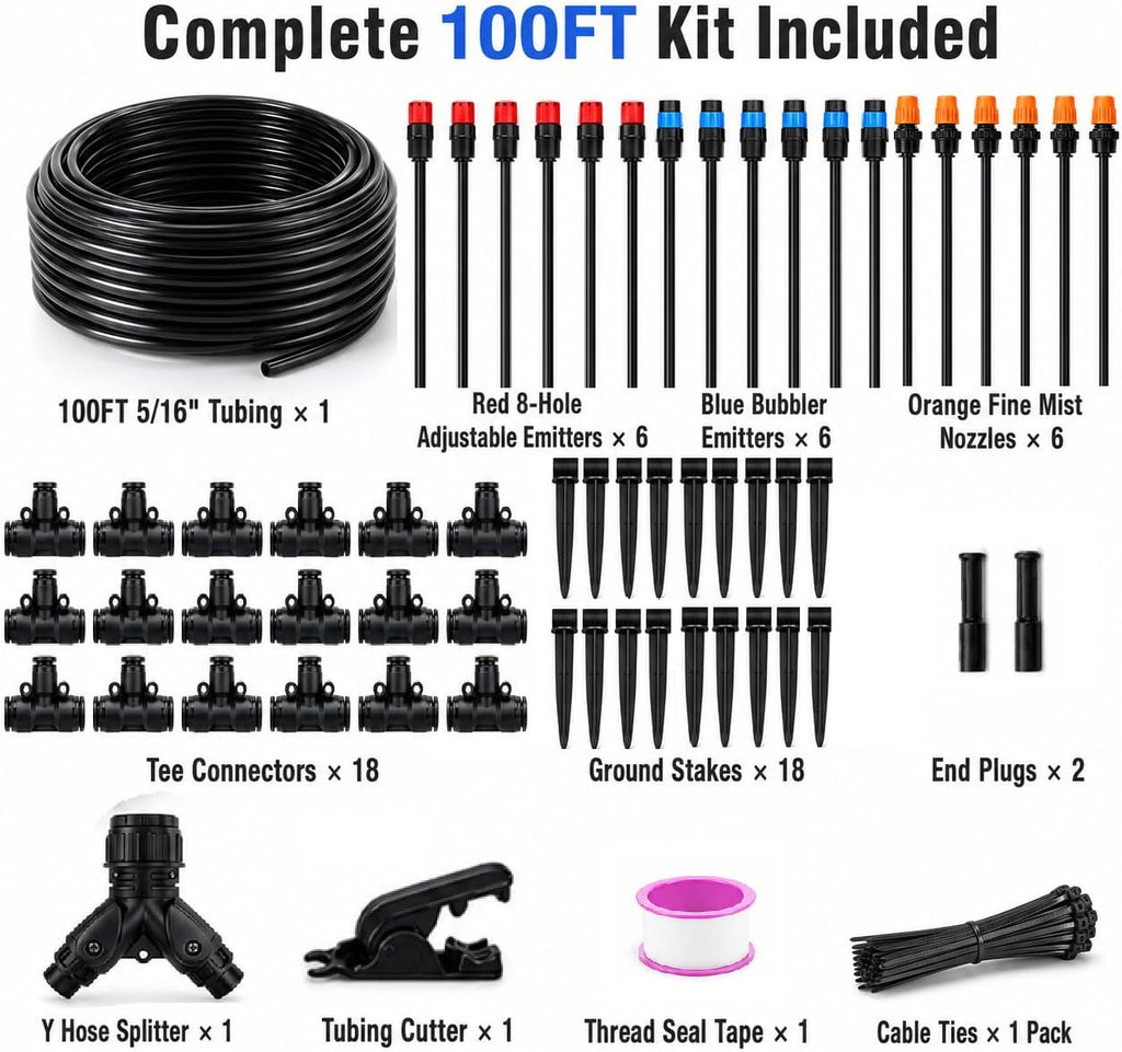 100FT 5/16" Drip Irrigation Kit, 18 Emitters for Raised Beds | 18 flexible gooseneck emitters with 3 spray modes for
