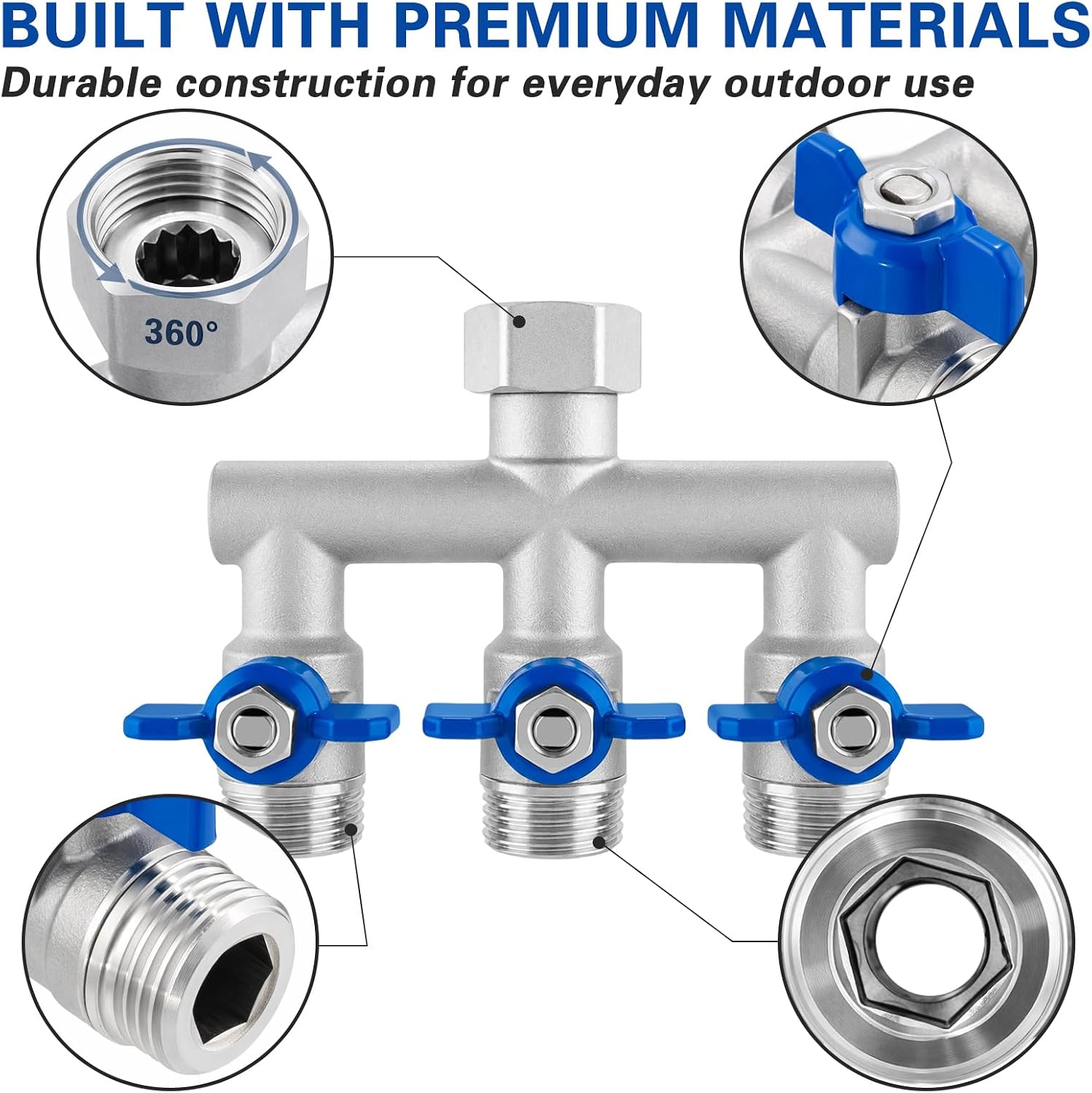304 Stainless Steel 3 Way Garden Hose Splitter, Heavy Duty Hose Splitter with 3 Shut-Off Valves, 3/4" GHT Outdoor