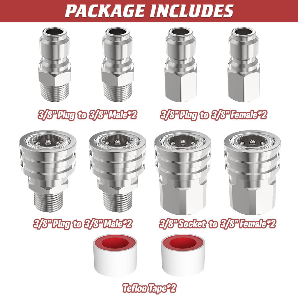 3/8" Pressure Washer Quick Connect Kit (8 Pcs) | Female and Male Swivel Fitting, Stainless Steel Adapter Set 3/8 Quick
