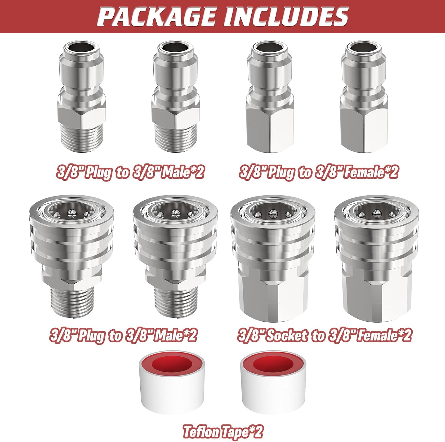 3/8" Pressure Washer Quick Connect Kit (8 Pcs) | Female and Male Swivel Fitting, Stainless Steel Adapter Set 3/8 Quick