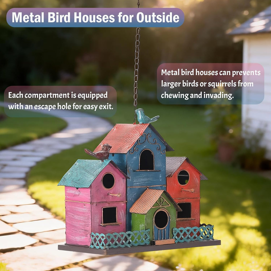 Metal Bird Houses for Outside Hanging, Large Bird Houses for Outdoors with 4 Compartments for Birds to Nest in