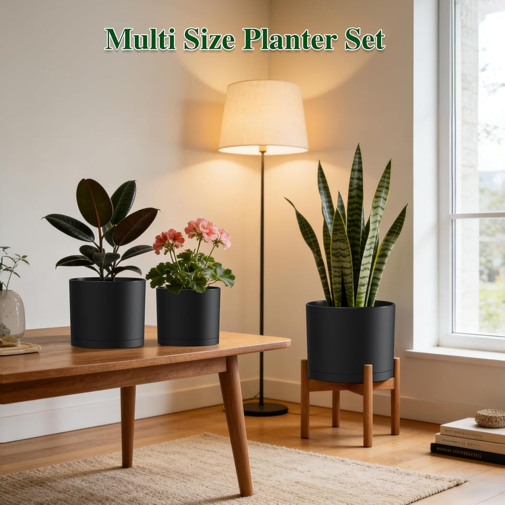 Plant Pots, 10/9/8 Inch 3 Pack Cylindrical Flower Pots with Drainage Holes and Saucers, Plastic Planters for Outdoor
