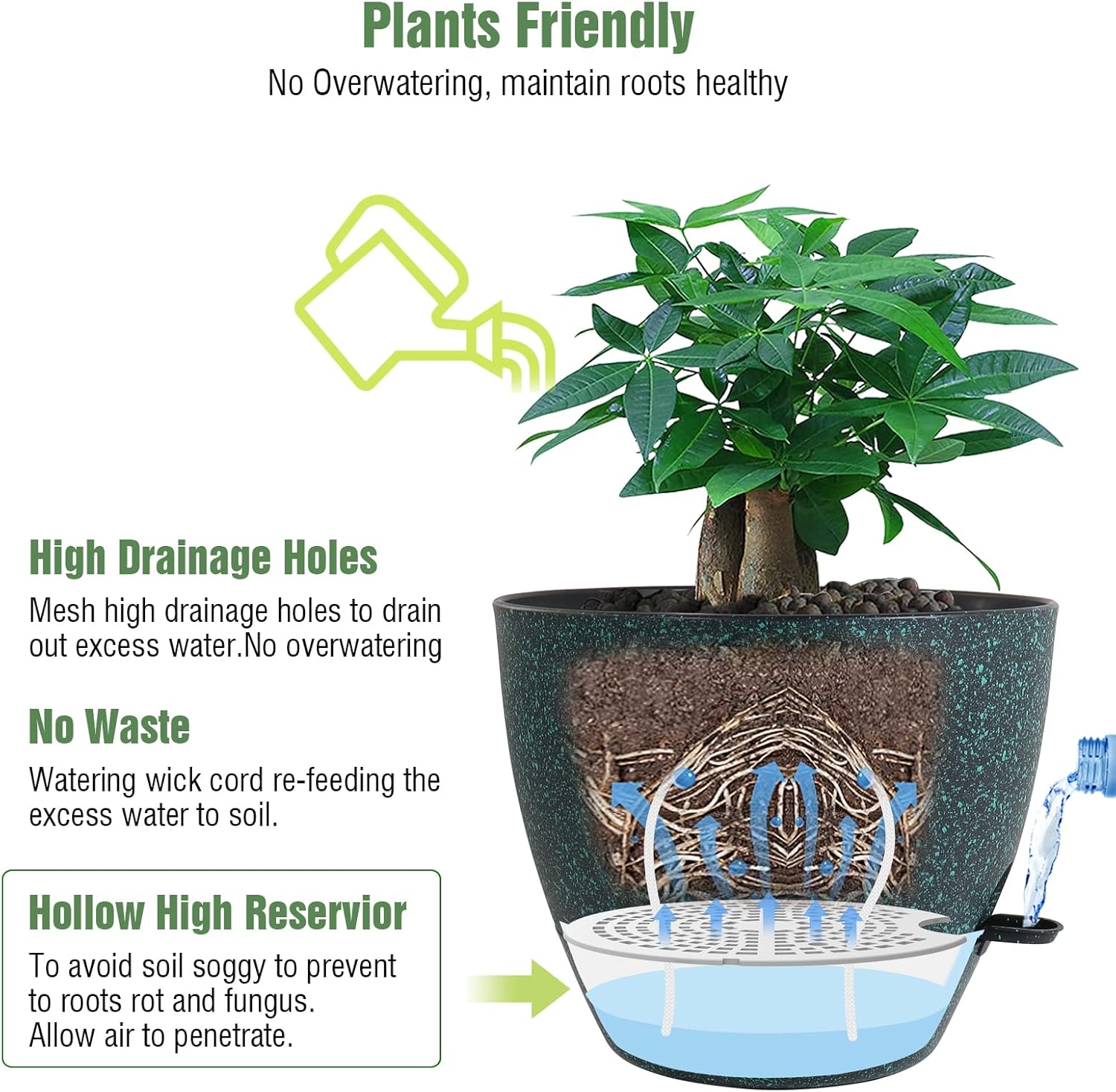 UOUZ 12 inch Large Self Watering Pots, Plastic Planters with 60oZ Removable Deep Reservoir and Multi Mesh Drainage