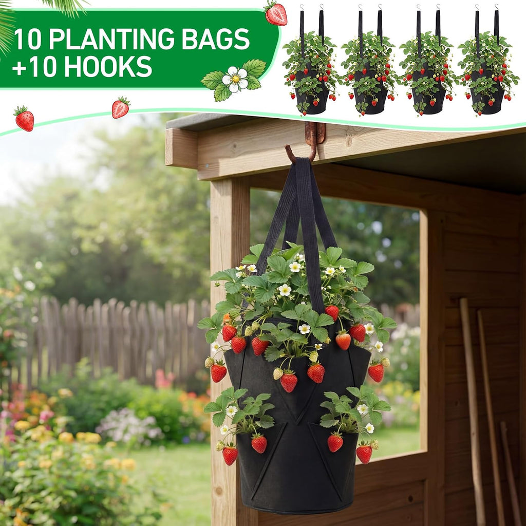 SATINIOR 10 Pack Upside Down Strawberry Planter Set Hanging Vegetables Grow Bags with 10 S Hooks, 3 Gallon Fabric