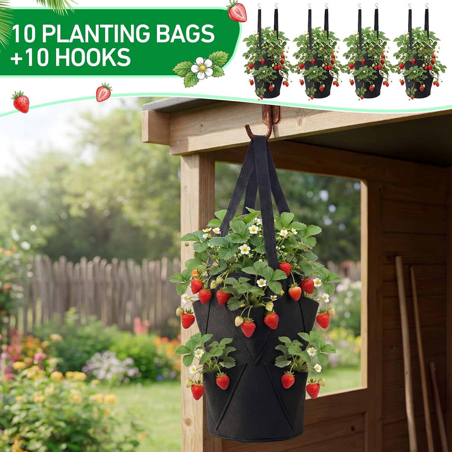 SATINIOR 10 Pack Upside Down Strawberry Planter Set Hanging Vegetables Grow Bags with 10 S Hooks, 3 Gallon Fabric