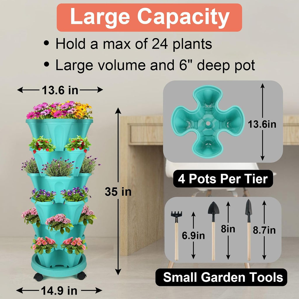 DUNCHATY Stackable Planter, Vertical Strawberry Planter with Garen Tool Set, Self Watering Garden Planter