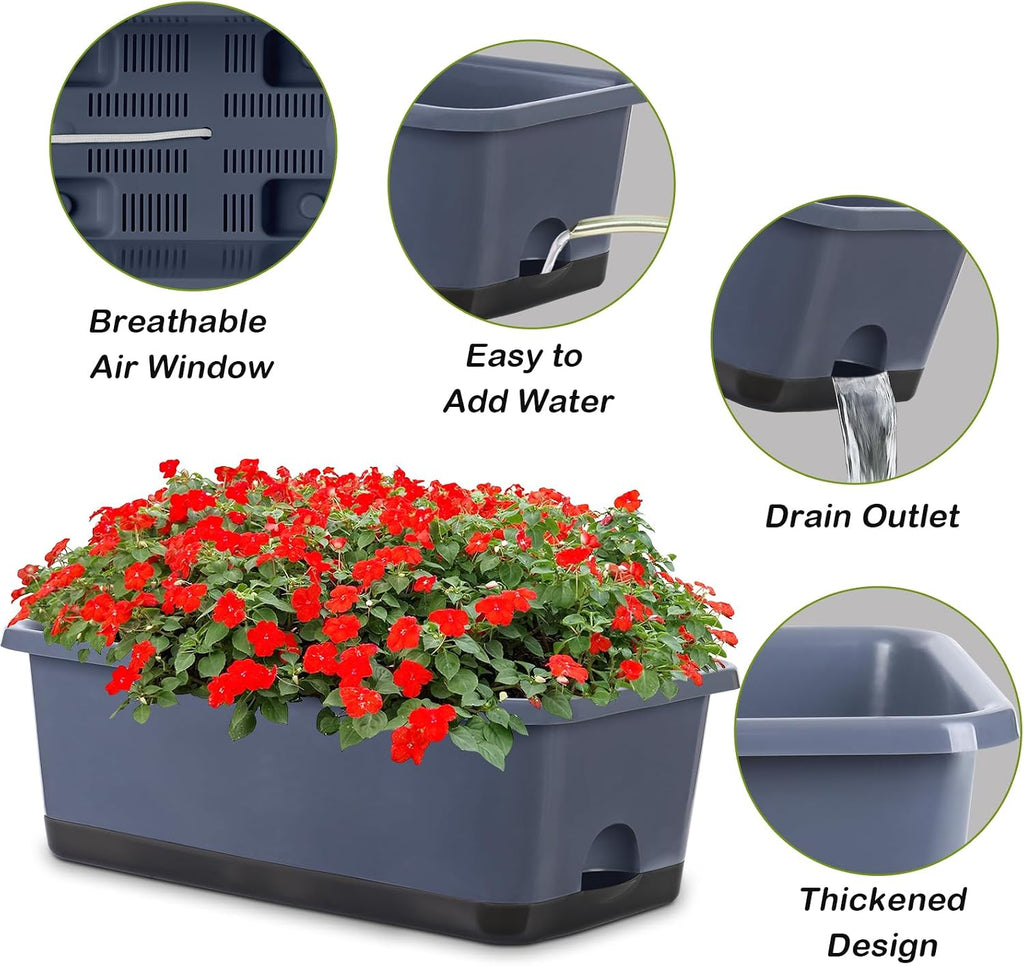 Window Box Planter 8 Pcs, 17 Inches Rectangle Flower Pots with Drainage Holes and Trays, Vegetable Planters for