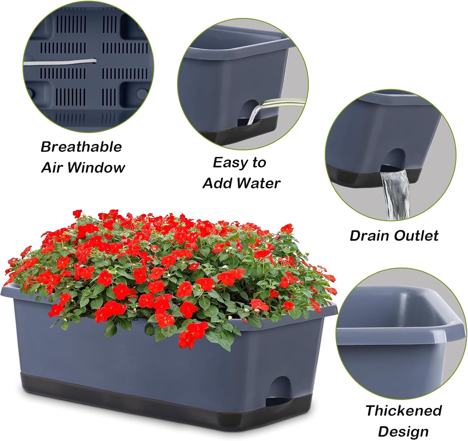 Window Box Planter 8 Pcs, 17 Inches Rectangle Flower Pots with Drainage Holes and Trays, Vegetable Planters for