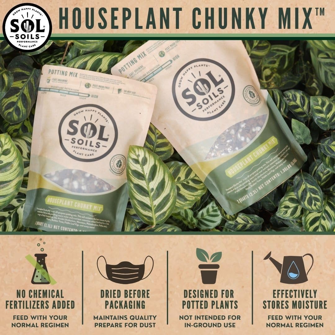 Chunky Houseplant Mix - Fast Draining Soil for Indoor Plants with Coco Coir Chips, Perlite, & Pumice, 2 Quart