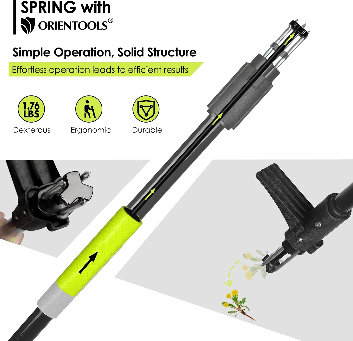 ORIENTOOLS Weed Puller Stand Up Weeder Hand Tool with 3 Claws for Dandelion, Steel Twist Hand Weed Root Pulling Tool
