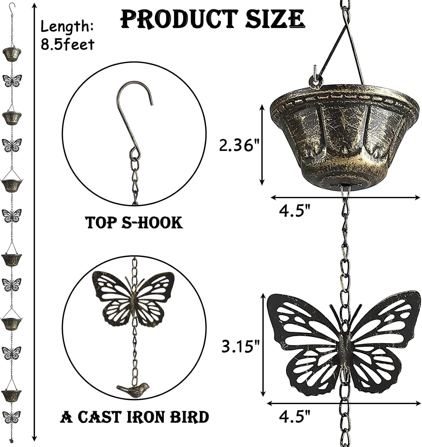 8.5FT Rain Chains for Gutters Downspouts, Butterfly and Cup Rain Gutter Chain | Functional and Decorative Replacement