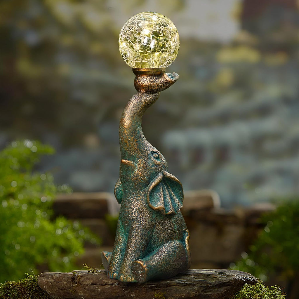 Solar Outdoor Elephant Statue Gifts Garden Decoration Light | 8 LED Crackle Balls Elephant Sculpture for Yard Patio