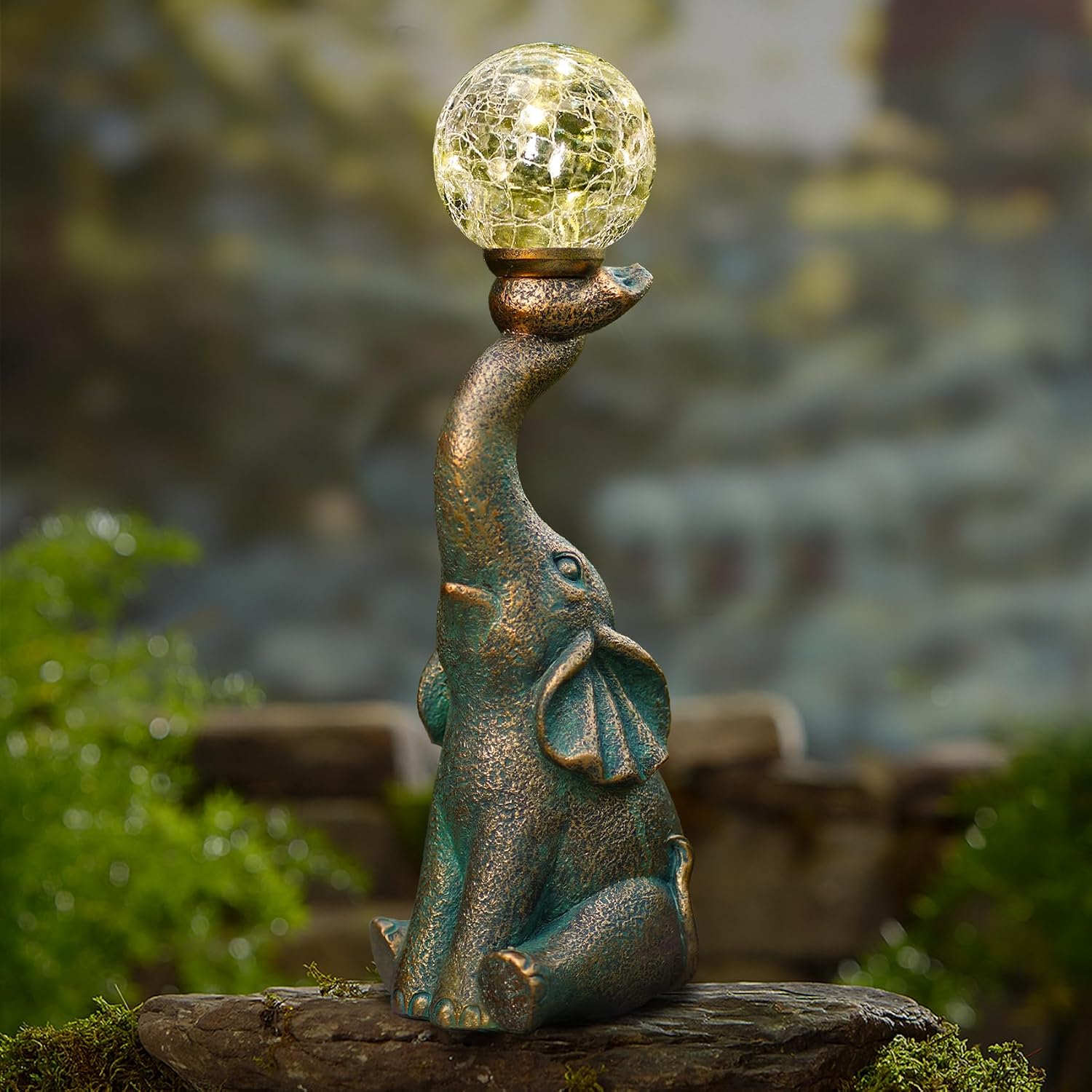 Solar Outdoor Elephant Statue Gifts Garden Decoration Light | 8 LED Crackle Balls Elephant Sculpture for Yard Patio