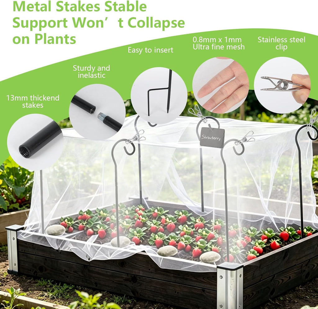 Garden Netting Kit for Raised Beds, 10 x 13 FT Ultra Fine Insect Mesh with 8 Upgraded Hook-Top Stakes & 20 Clips, Plant