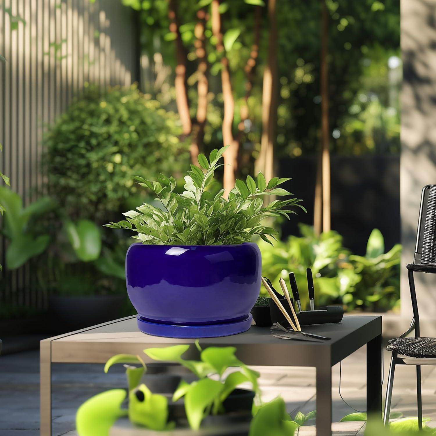 SQOWL Ceramic Plant Pot - 10 Inch Ceramic Planter for Indoor Outdoor, Round Flower Pot with Drainage Hole and Saucer