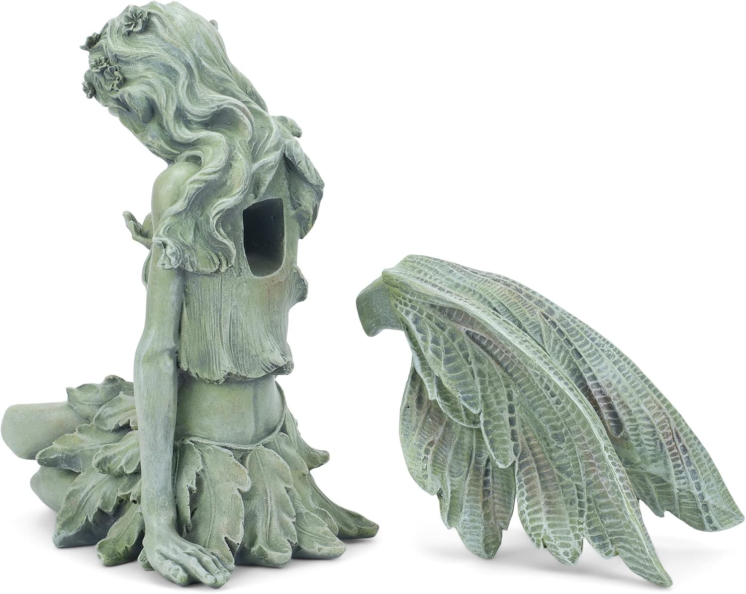 Napco Reclining Fairy with Bird 12 x 18.5 Inch Green Resin Cast Garden Statue