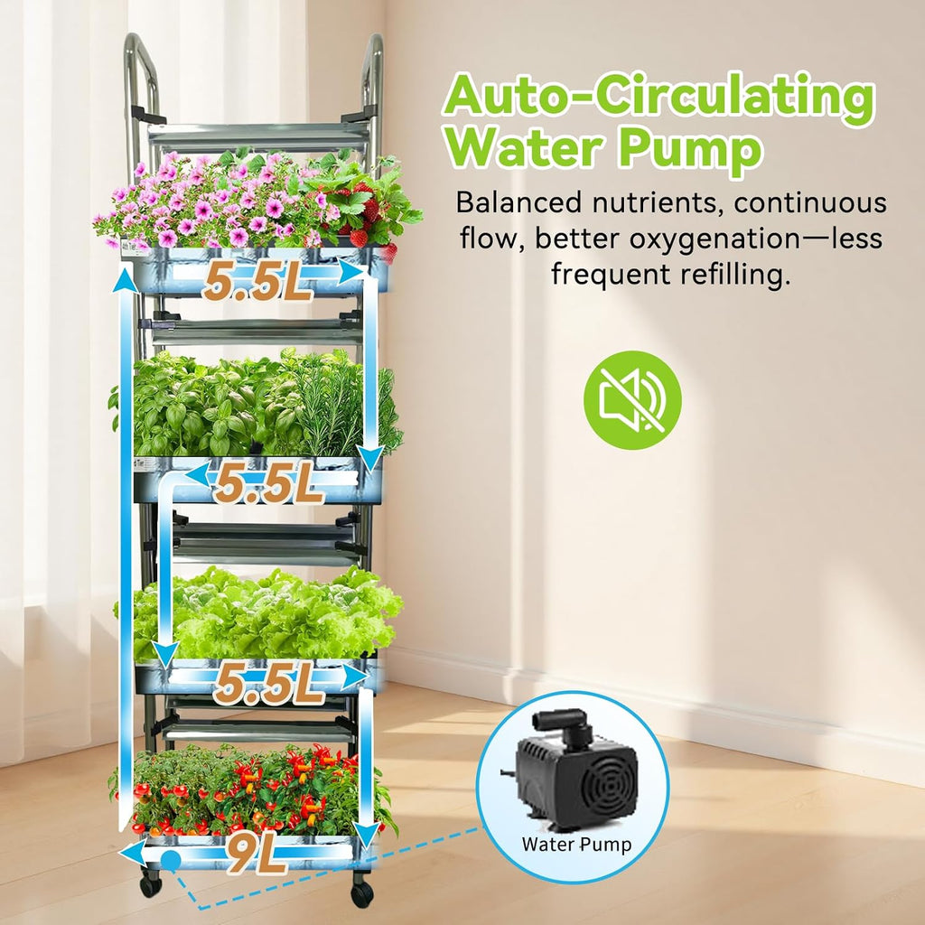 4-Tier 80 Pod Hydroponic Growing System, Smart Vertical Garden | Full-spectrum LED grow lights with auto water pump