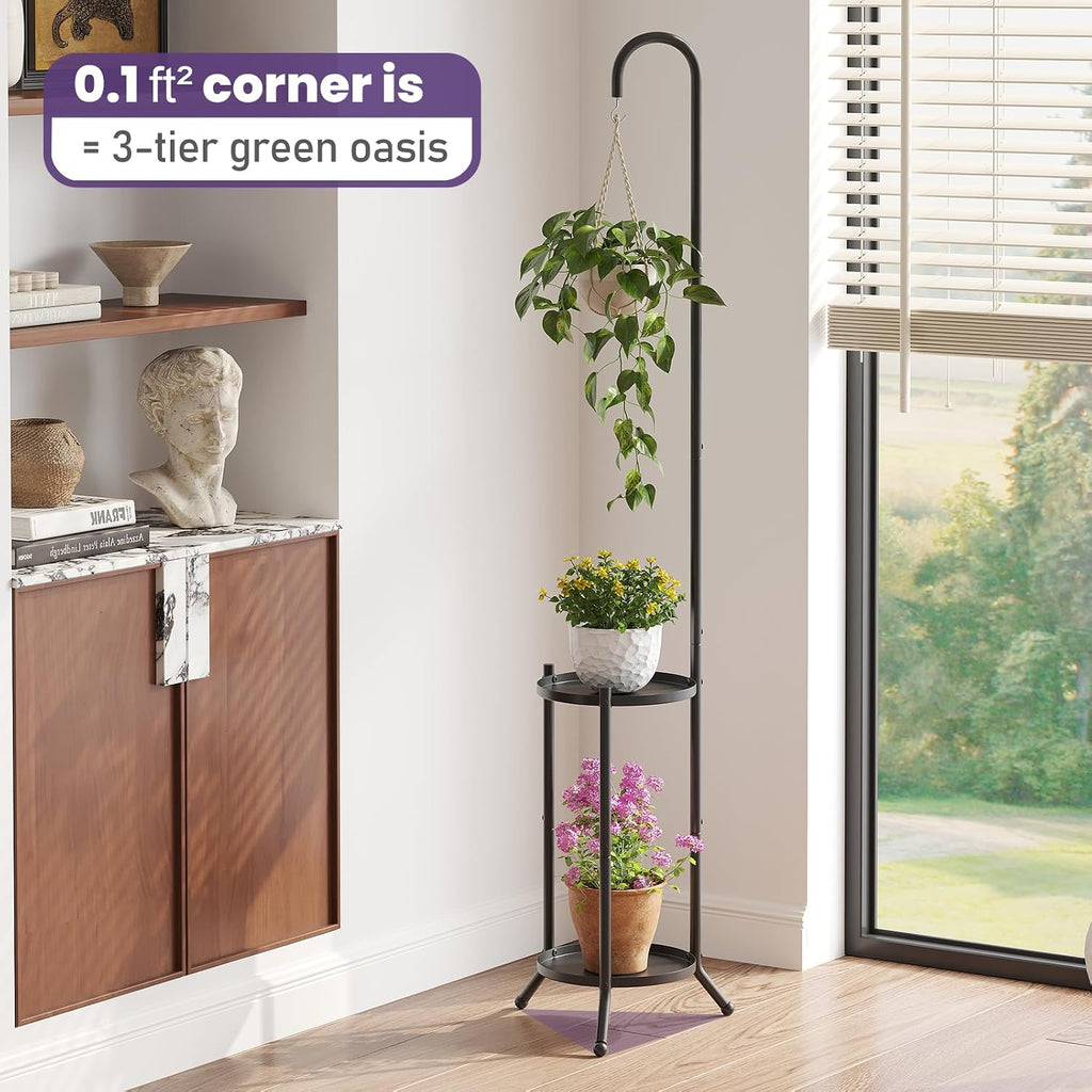 2-Tier Metal Plant Stand with Hanging Hook, Indoor Outdoor Plant Shelf,Heavy Duty Plant holder Rustproof Iron Multiple