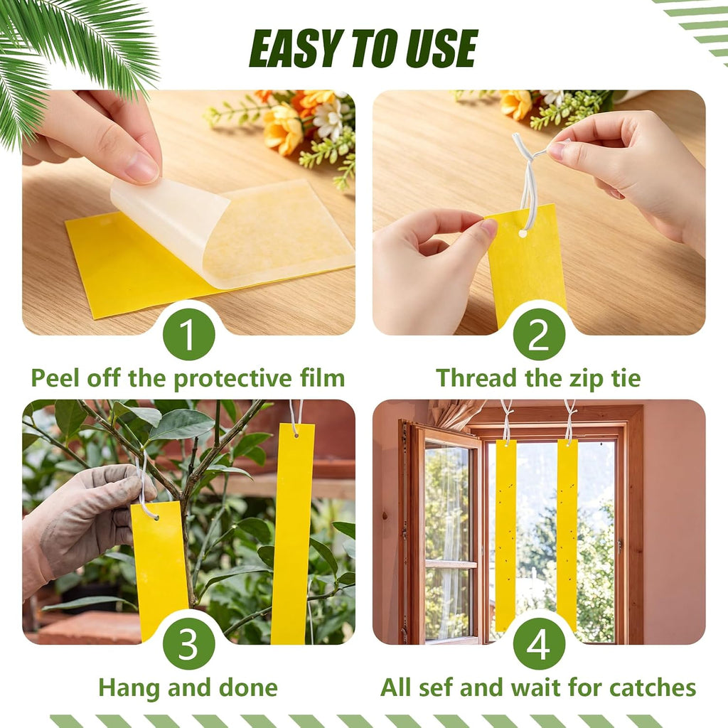 100 Pack Yellow Sticky Fly Traps for Gnats Indoor Outdoor with Twist Ties Double Sided Hanging Fly Paper Strips for