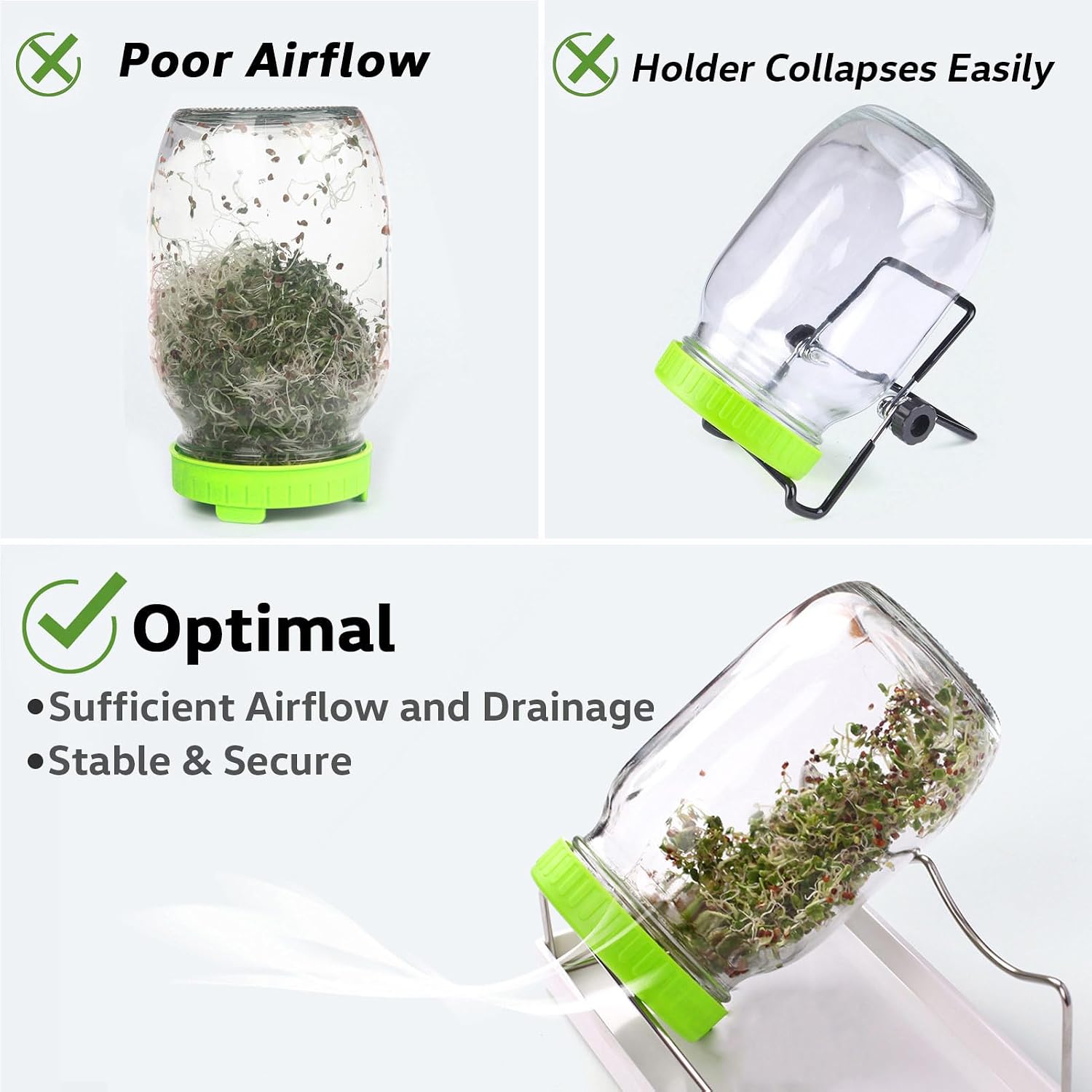 Sprouting Jar Kit| Wide Mouth Mason Jars,Plastic & 316 Stainless Steel Sprout Lids,Tray,Stand| Sprouter Set for Growing