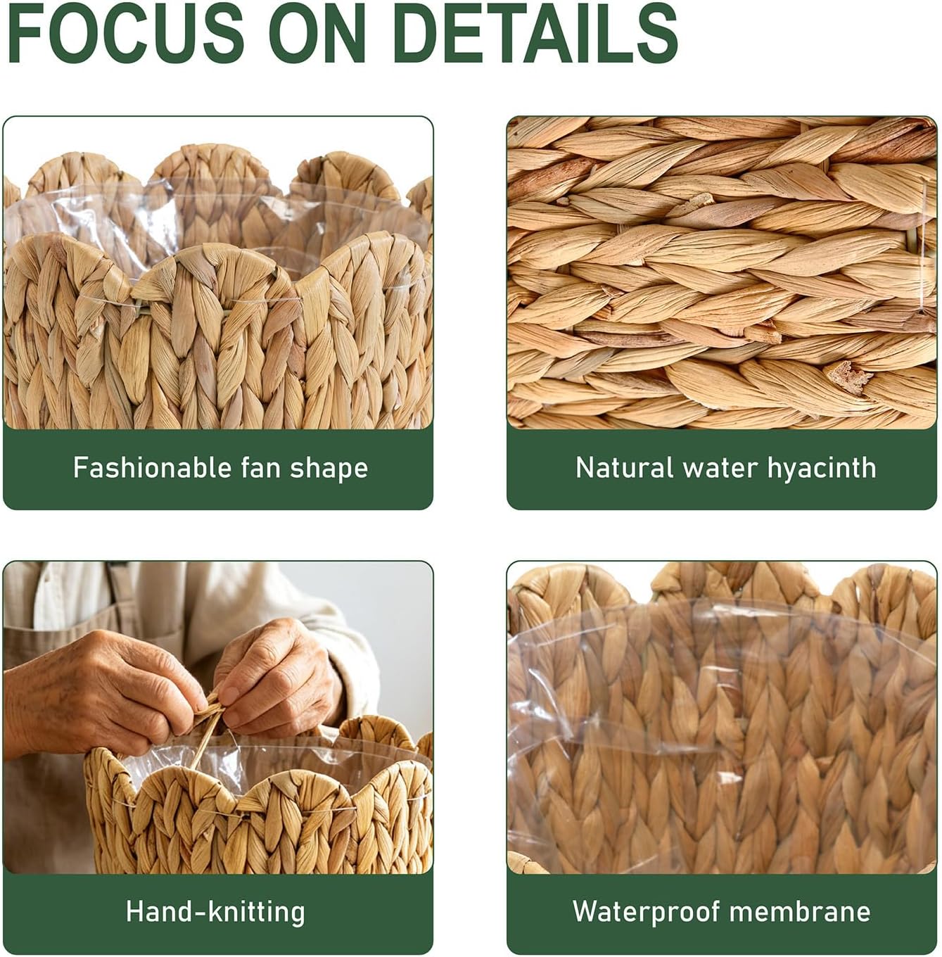 3 Pack Woven Rattan Planter Baskets, Scalloped Planter Baskets with Natural Water Hyacinth, Waterproof Liner, Wicker
