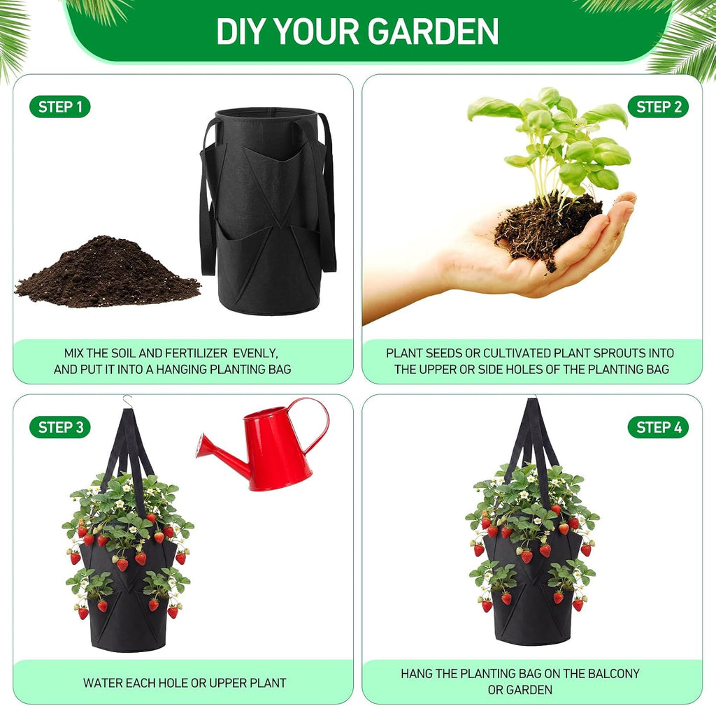 SATINIOR 10 Pack Upside Down Strawberry Planter Set Hanging Vegetables Grow Bags with 10 S Hooks, 3 Gallon Fabric