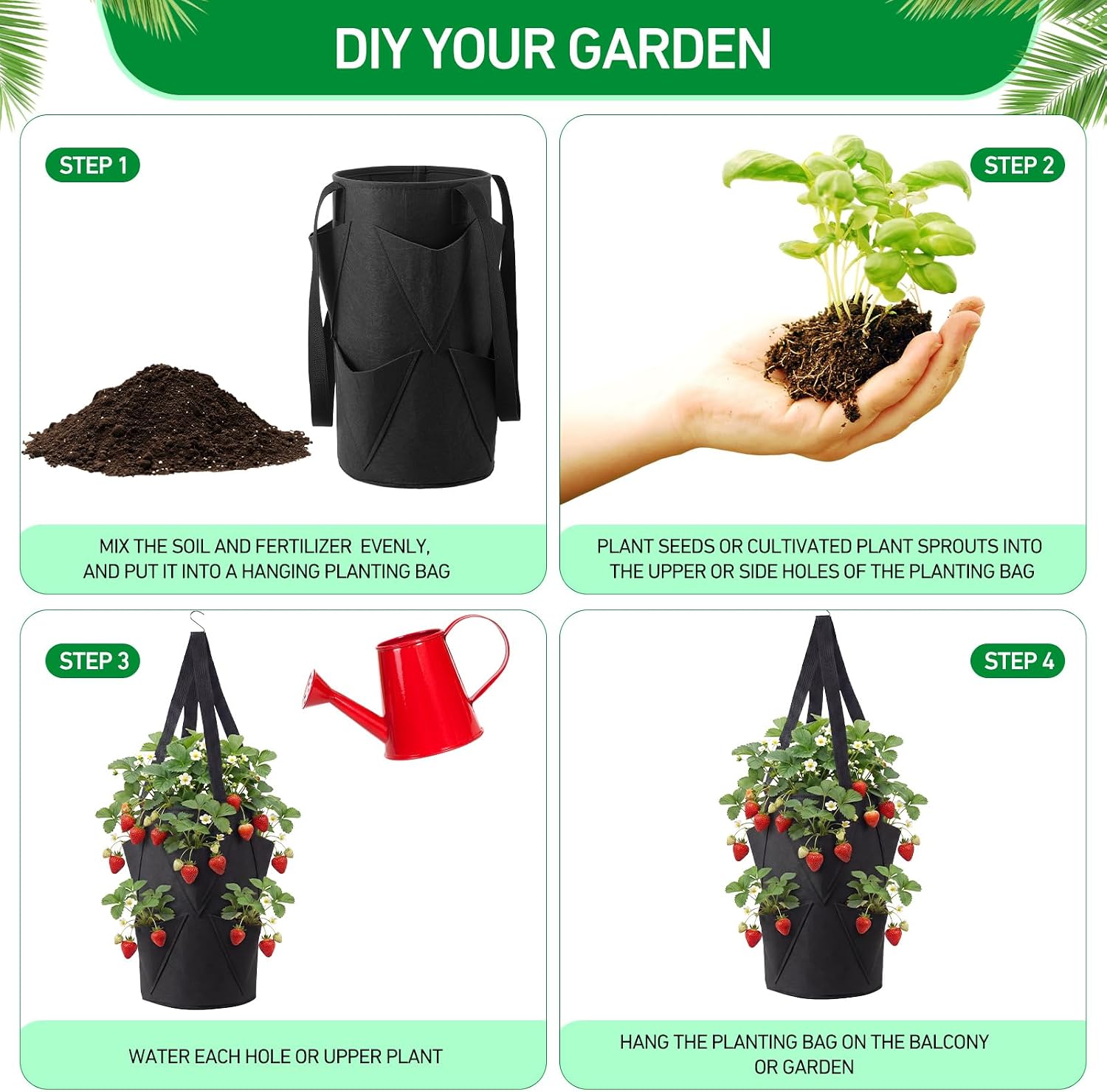 SATINIOR 10 Pack Upside Down Strawberry Planter Set Hanging Vegetables Grow Bags with 10 S Hooks, 3 Gallon Fabric