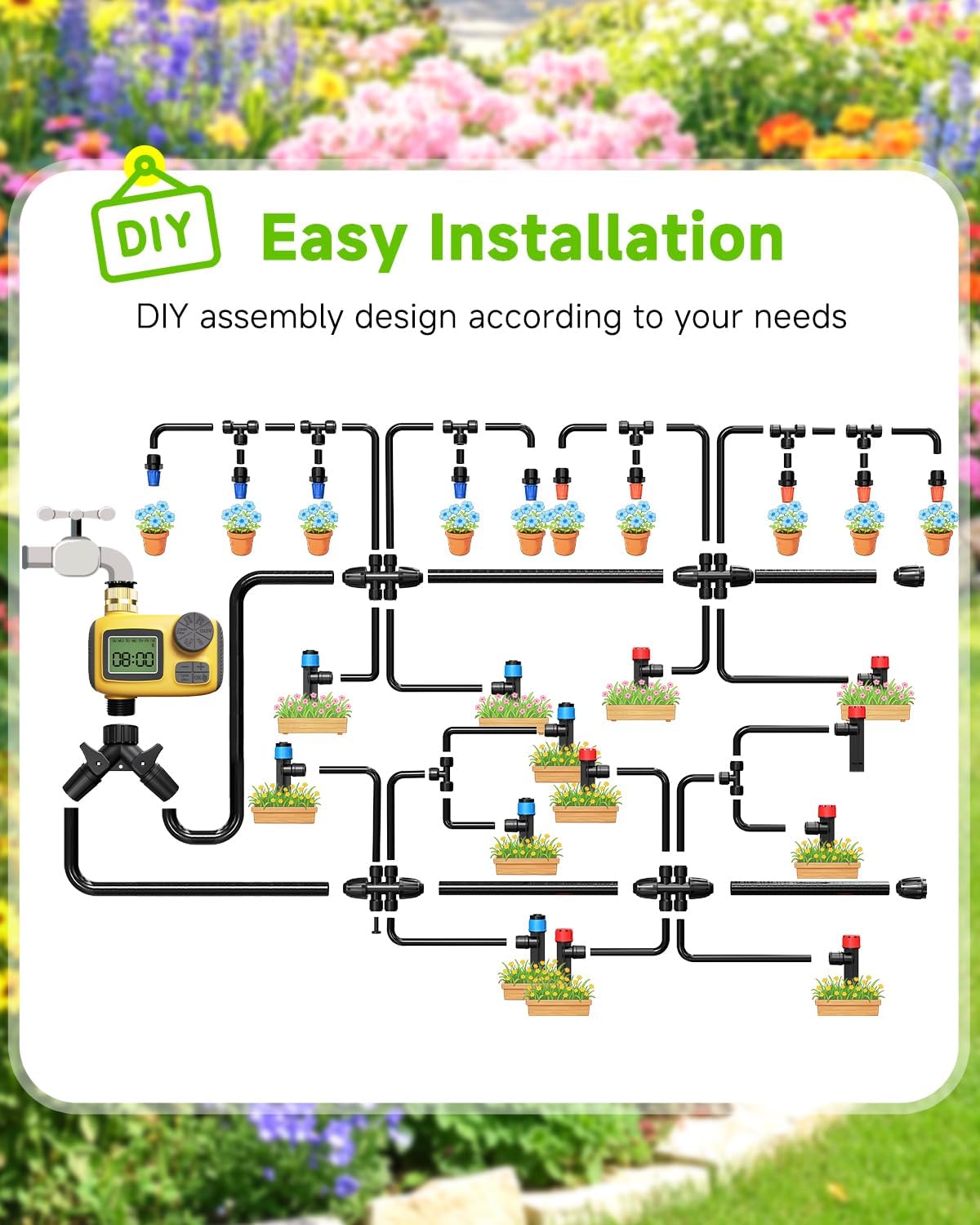 246FT Drip Irrigation System with LCD Timer, Automatic Watering System Kits,1/2 Inch Hose 1/4 Inch Distribution Tubing