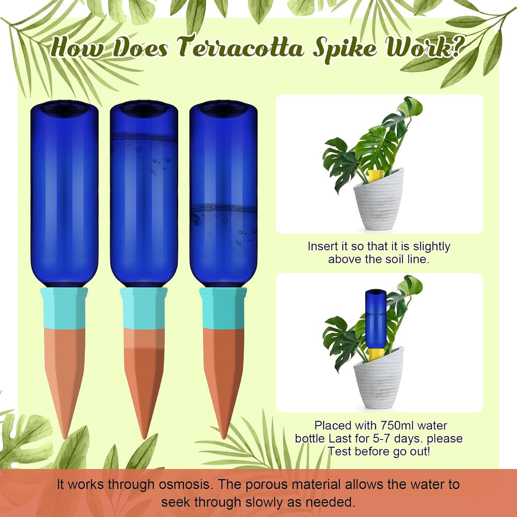 SiliFine 6 Sets Terracotta Watering Spikes,Blue and Mixed Color | 26 oz Bottles for Slow Release Watering, Self