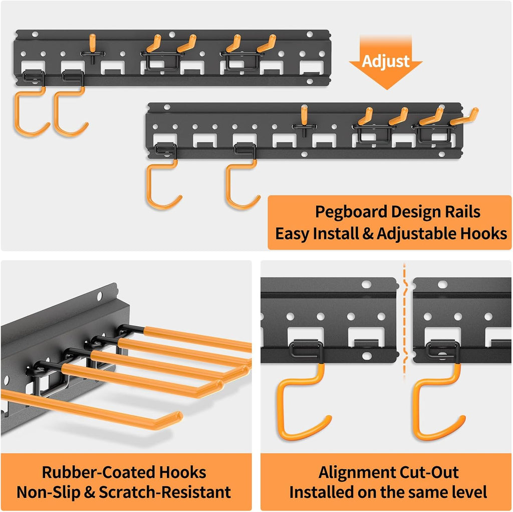 Garden Tool Organizer Wall Mount - Garage Storage and Organization Yard Tool Hanger with Adjustable Pegboard Hooks Shed