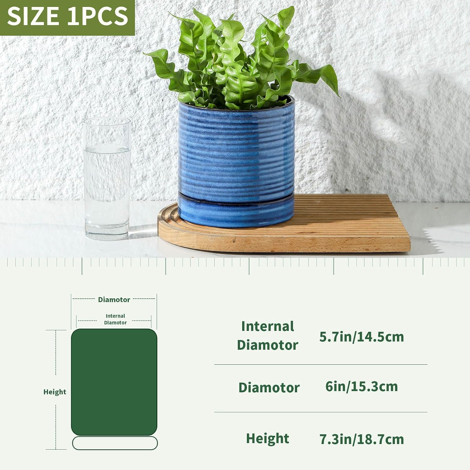 HASENSE Ceramic Plant Pot with Saucer, 6 Inch Planter for Indoor/Outdoor Plants with Drainage Hole,Blue Glazed Flower