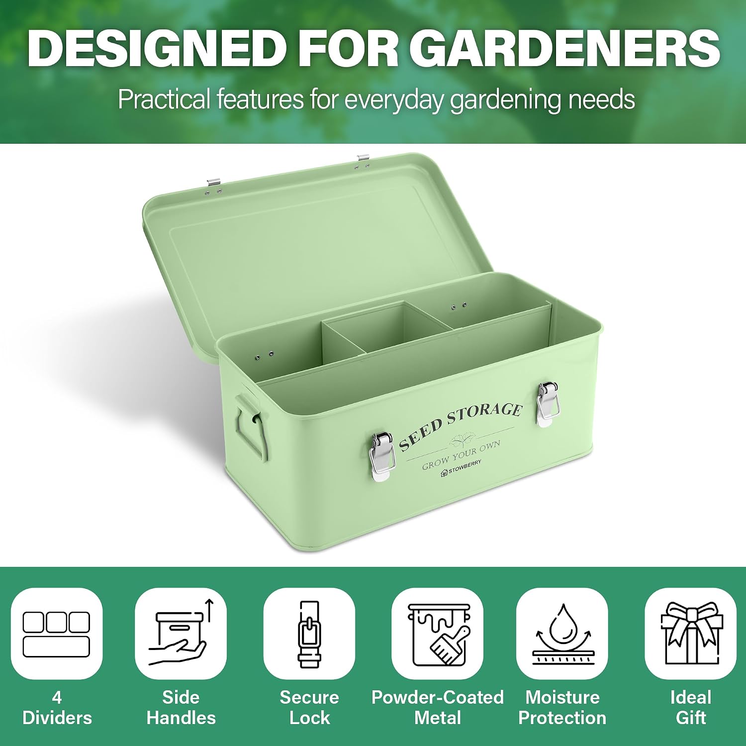 Seed Storage Box Organizer – Green Garden Seeds Tin with Lid, Side Handles, 4 Compartments & Safety Lock – Seed Packet
