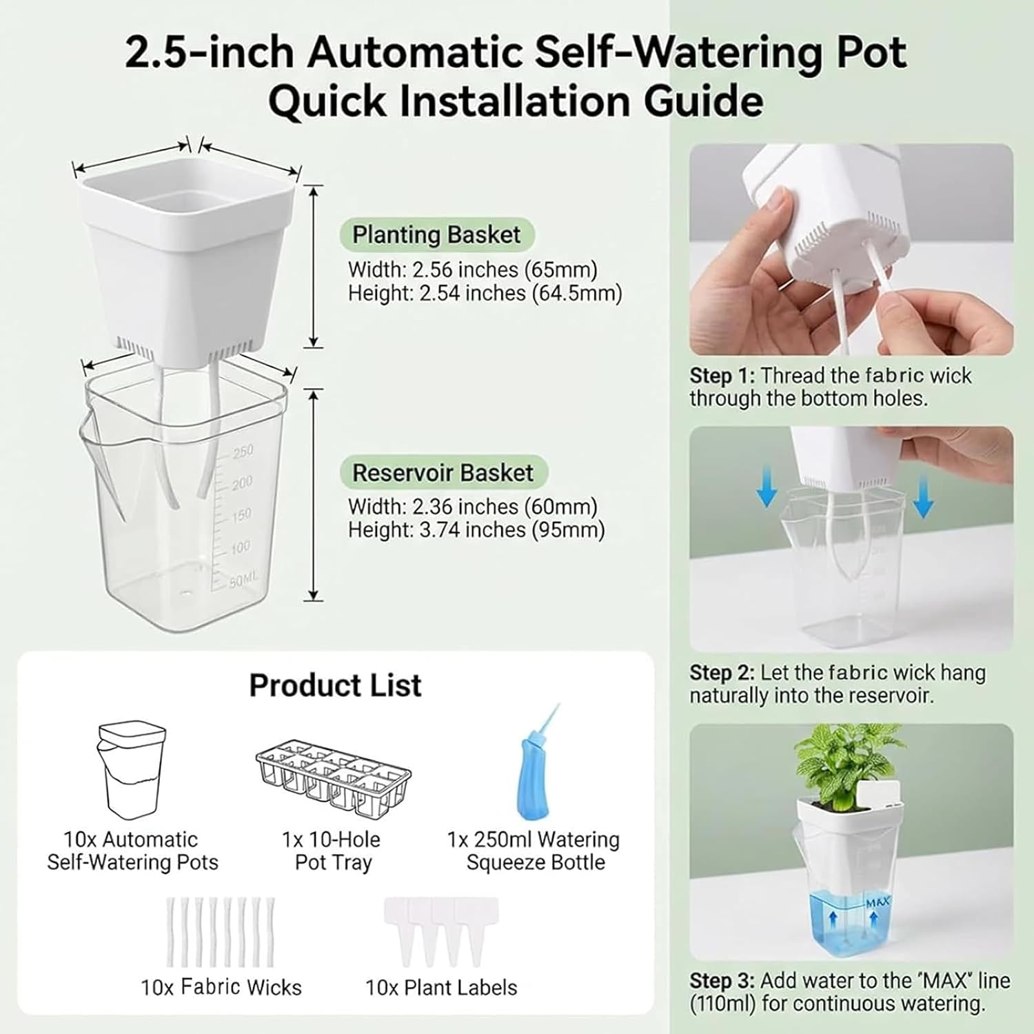 10 Pack 2.5" Self Watering Pots for Indoor Plants with Anti-Tip Tray & Reservoir Refill Bottle, Seed Starter Kit for