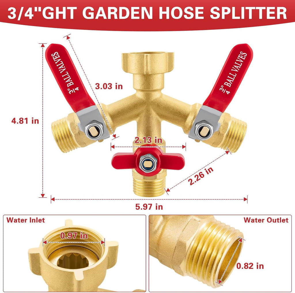 High Flow 3 Way Hose Splitter, Heavy Duty Brass Garden Hose Splitter,Water Hose Spigot Splitter with Easy-Grip Metal