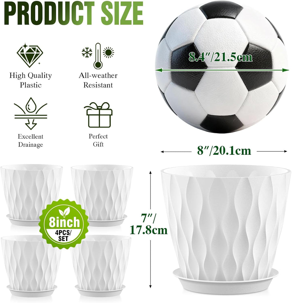 8 Inch Plant Pots 4 Pack Plastic Planters with Drainage & Saucers | 8 inch 4 pack plastic plant pots with 3D water