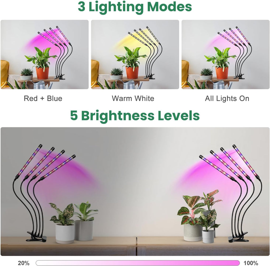 Grow Lights for Indoor Plants, Full Spectrum with Clip, 4 Head | 6000K Plant Light, Timer 6/12/16Hrs, 3 Spectrums, 5