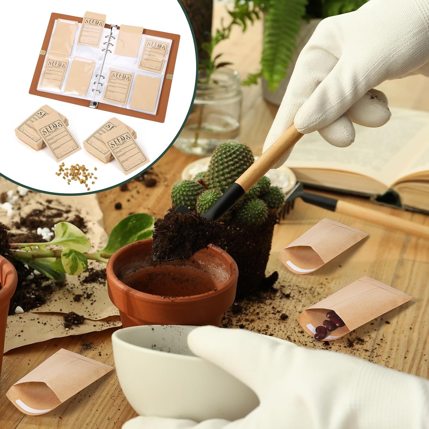 Garden Seed Storage Organizer Binder - 150 Resealable Seed Envelopes Brown Shell with 40 Sheet Protectors for Efficient