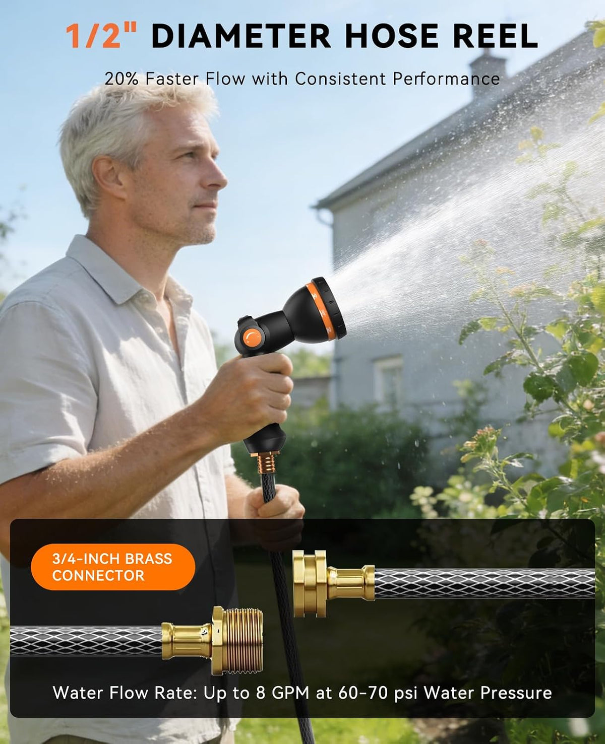SUNPOW Retractable Garden Hose Reel - 1/2" x 100ft Wall Mounted Hose Reel with 3/4'' Brass Fitting & 10-Pattern Nozzle