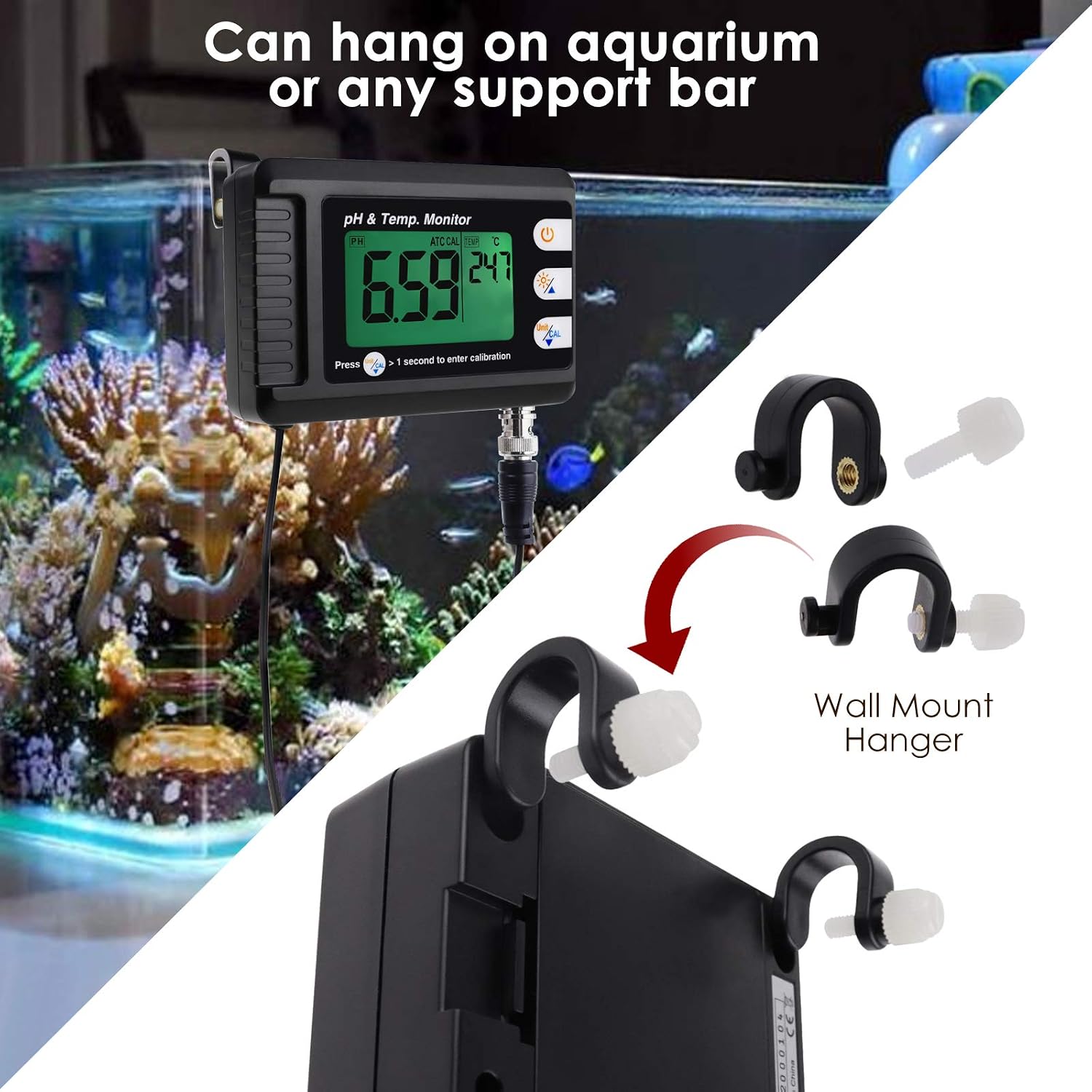 2 in1 pH Temperature Meter, Aquarium Thermometer pH Monitor with BNC Probe | Hydroponics, Aquariums, Pools, Labs