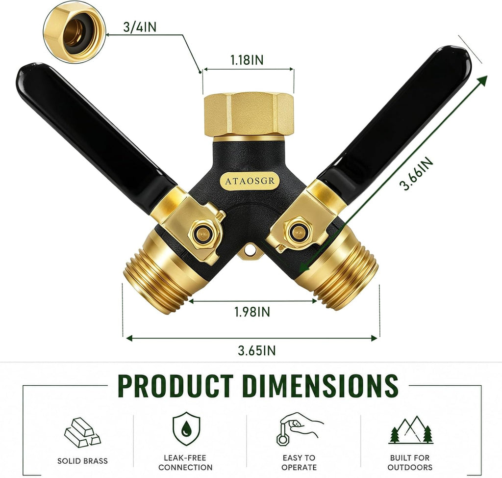 Garden Hose Splitter 2 Way, All Metal Heavy Duty Water Hose Splitter | with 360° Brass Swivel, Large Easy-Turn Handles