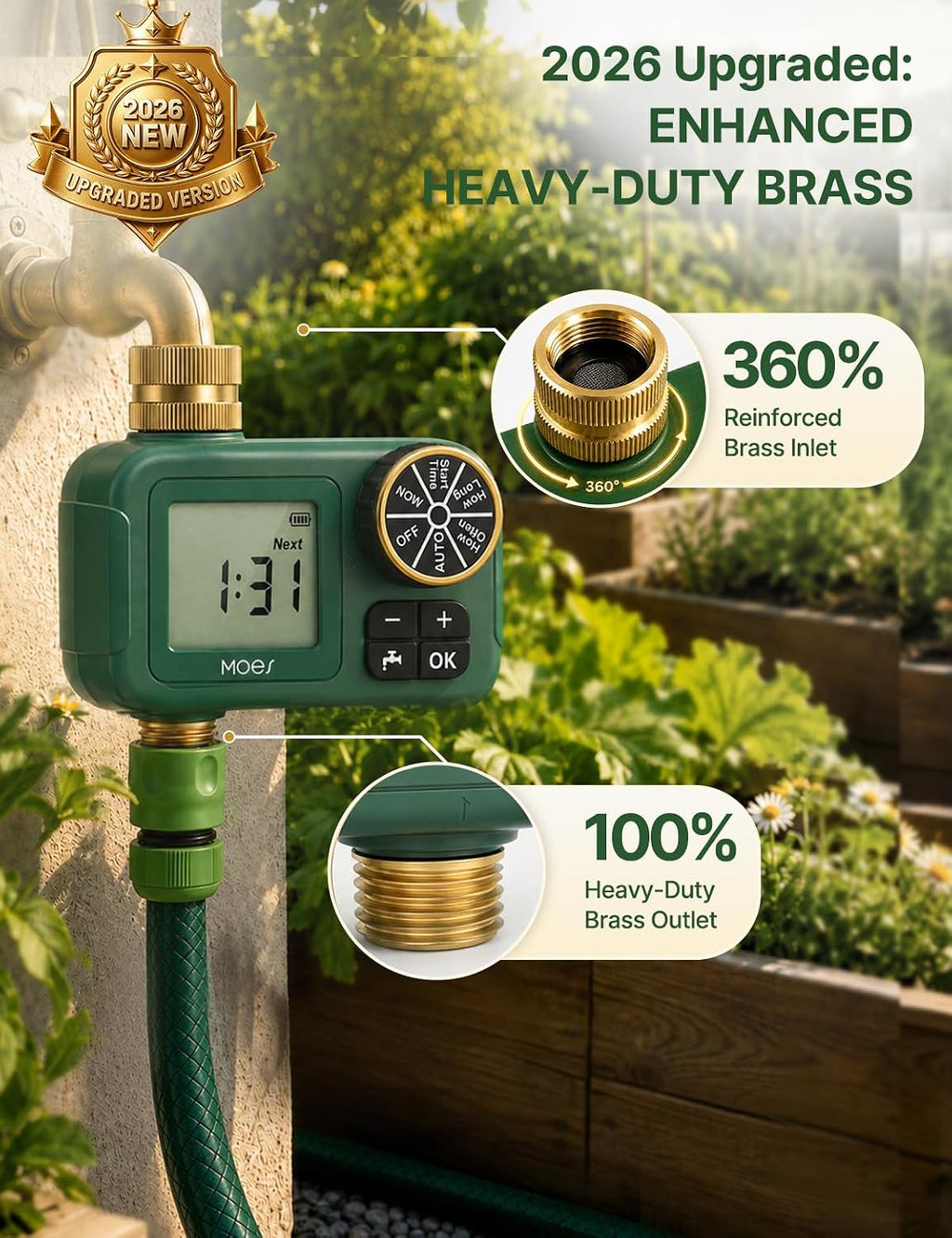 MOES 1-Zone Water Timer for Garden Lawn Hose, Brass 3/4 Inlet & Outlets | Independent Single-Outlet Sprinkler Timer
