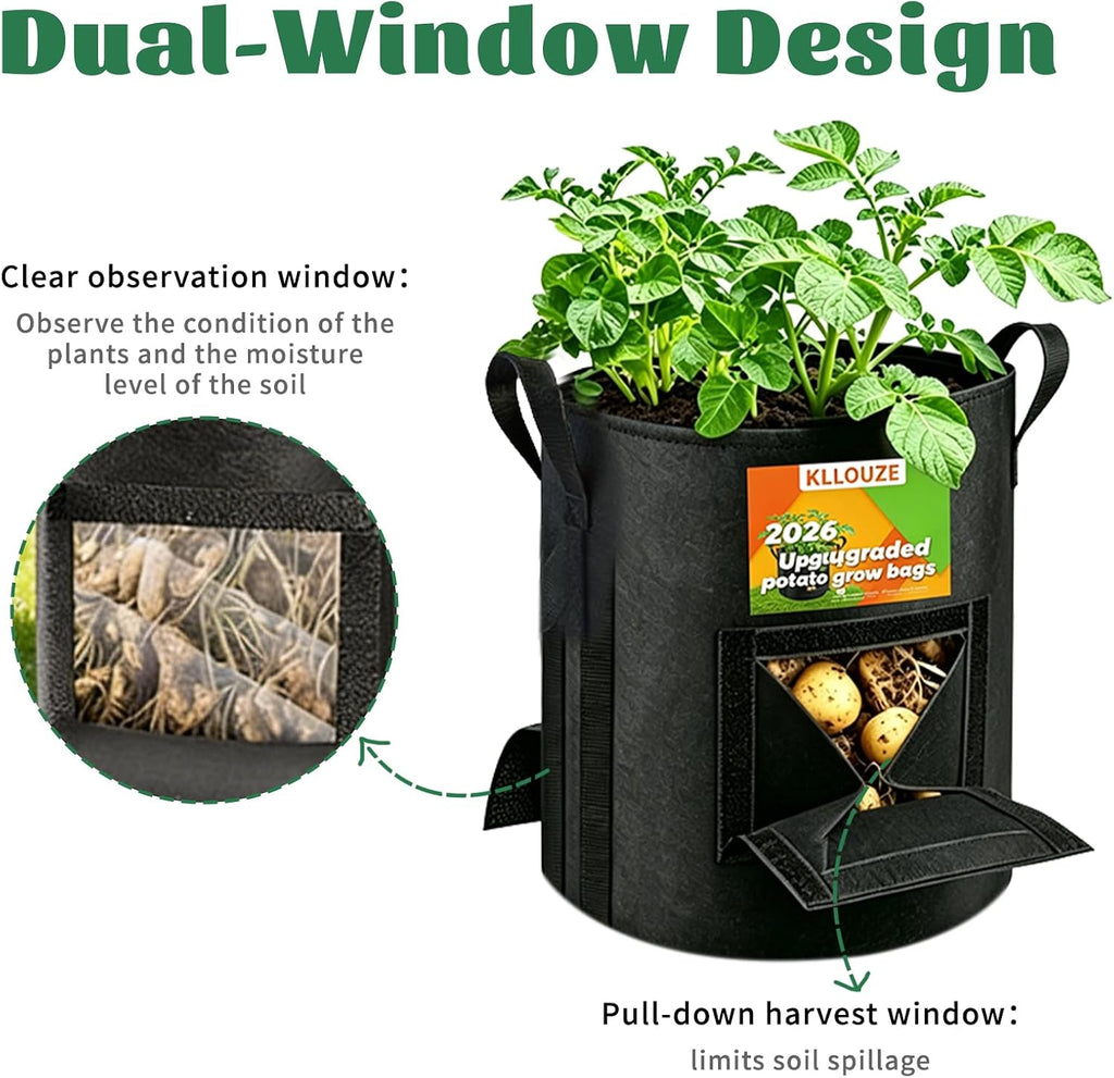 Potato Grow Bags 15 Gallon with Harvest & Visible Window (4, Black, 15 Gallon)